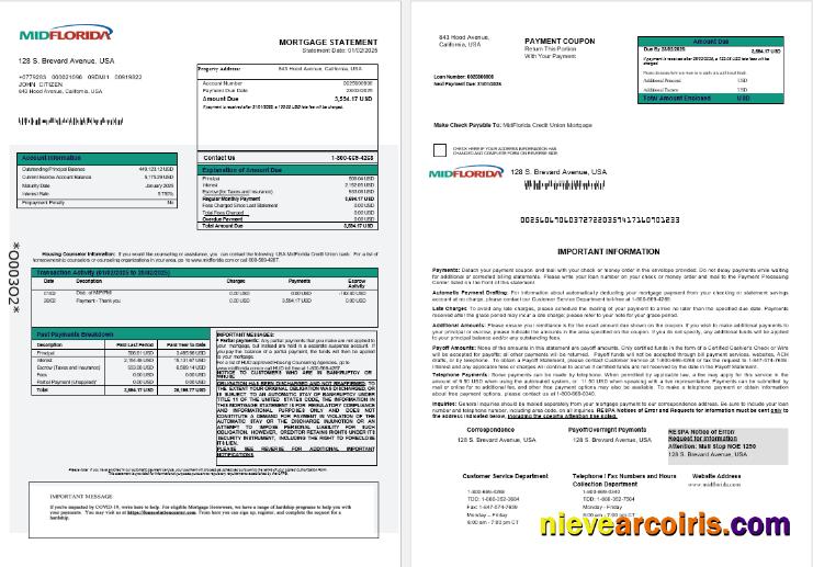 USA MidFlorida Credit Union bank mortgage statement 1-2